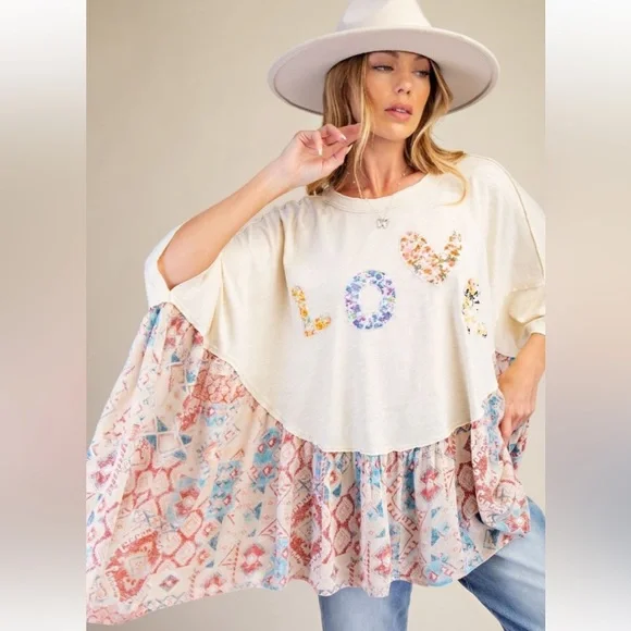 332 1 left 🎉EASEL MIXED PRINT LOVE PATCH WASHED TOP - Picture 2 of 5